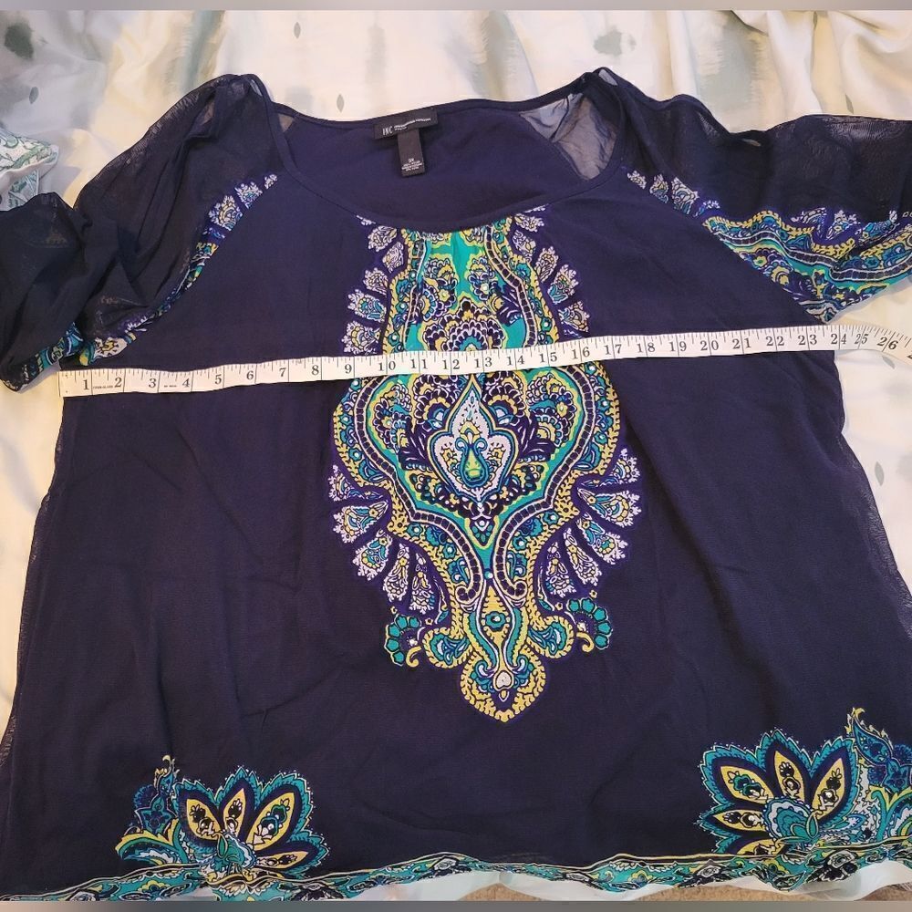 INC International Concepts Navy Blue Sheer Sleeve Paisley Blouse - Picture 10 of 12